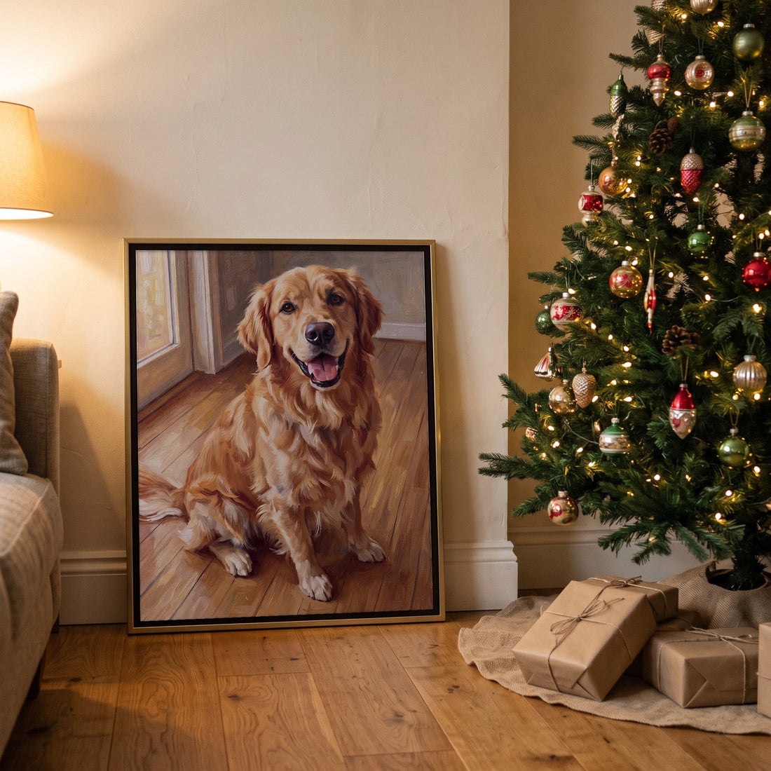 Digital mockup: a Classic Realism style golden retriever portrait in a brass frame, leaning against a wall beside a lit Christmas tree and kraft-paper wrapped gifts.