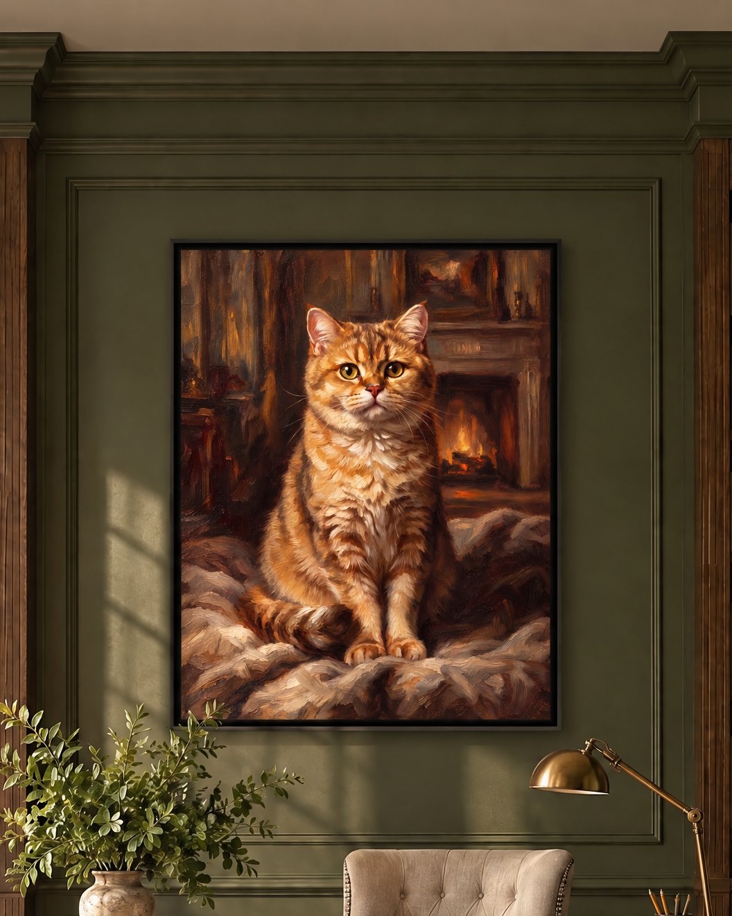 A British Shorthair cat in the Classic Realism style, in a black frame on a green panelled study wall.