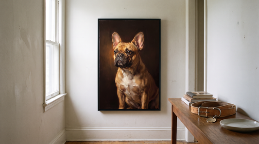 A finished hand-painted oil portrait of a dog in a black floating frame hanging on a living room wall in natural daylight, the oil texture visible, with the dog's worn collar resting on the small table beside it.
