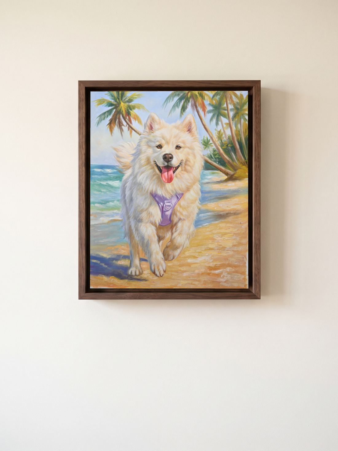 A finished hand-painted Samoyed pet portrait in a brass floating frame, hanging in a softly lit cream hallway, oil texture catching the daylight.