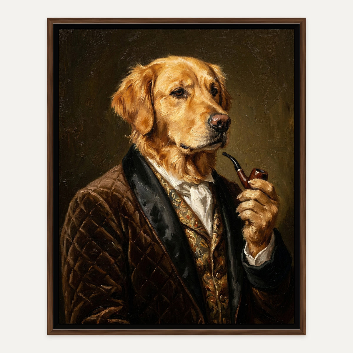 Aristocrat oil portrait of a golden retriever as a pipe-smoking gentleman in a velvet jacket, walnut frame on a white wall