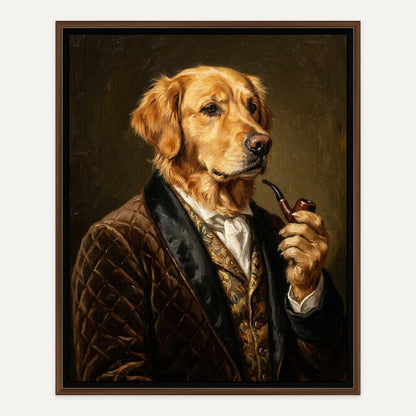Aristocrat oil portrait of a golden retriever as a pipe-smoking gentleman in a velvet jacket, walnut frame on a white wall