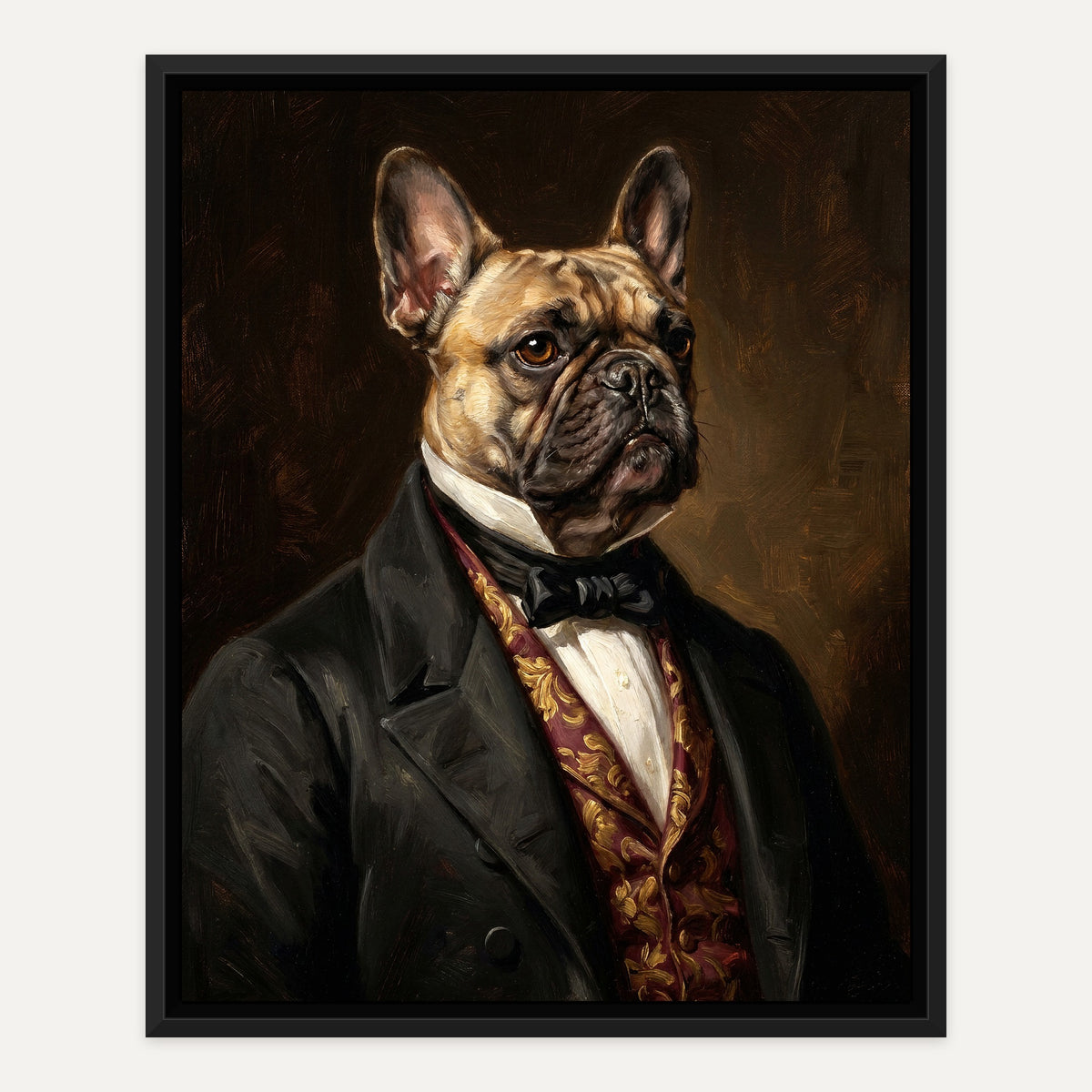 Aristocrat oil portrait of a French bulldog nobleman in a black tailcoat and brocade waistcoat, black frame on a white wall