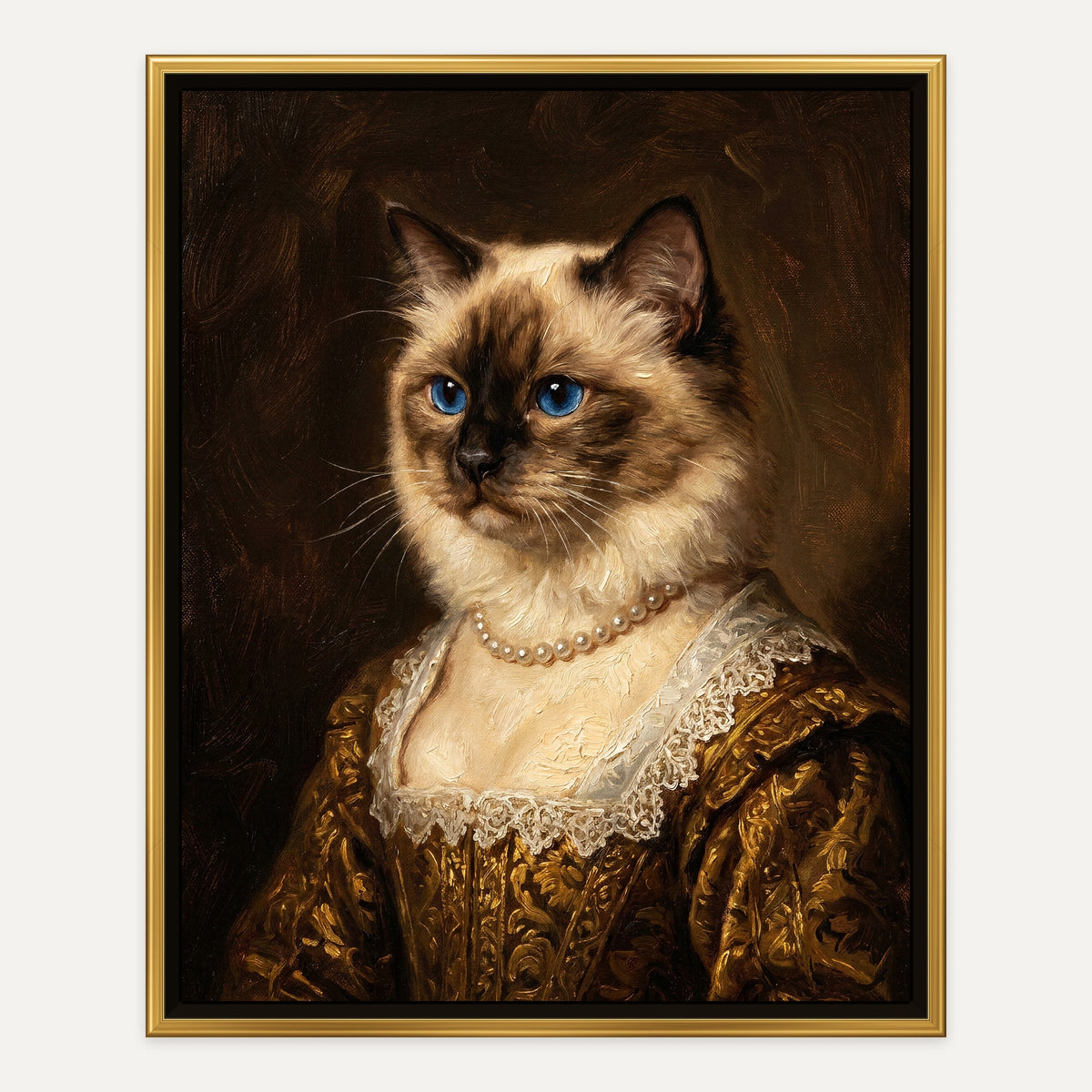 Aristocrat oil portrait of a ragdoll cat as a lady in a gold brocade gown with lace and pearls, brass frame on a white wall