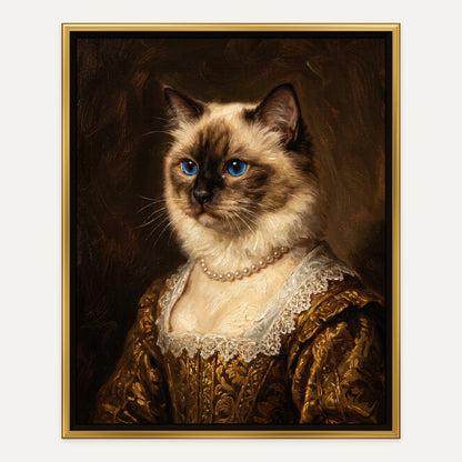 Aristocrat oil portrait of a ragdoll cat as a lady in a gold brocade gown with lace and pearls, brass frame on a white wall