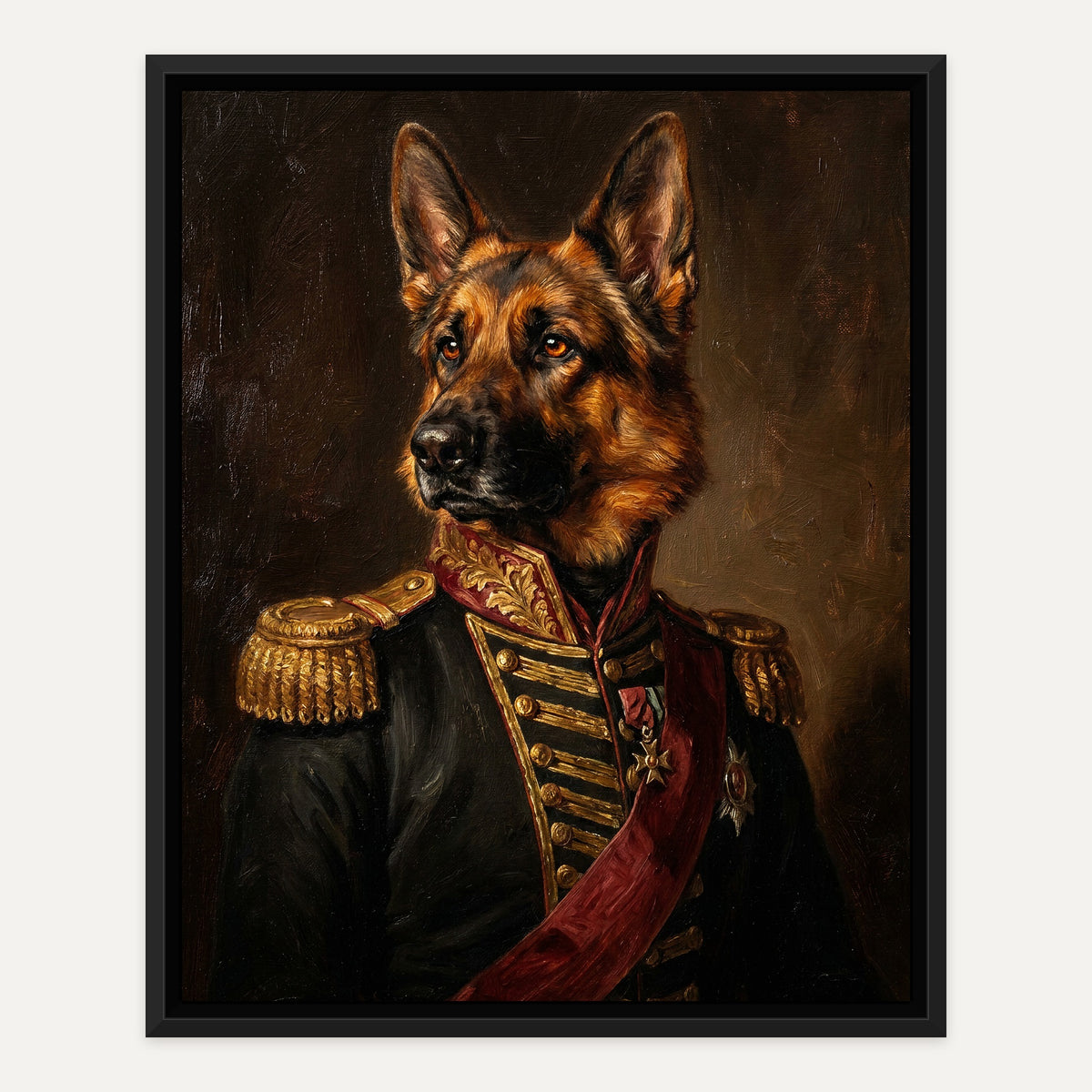 Aristocrat oil portrait of a German shepherd officer with gold epaulettes and a red sash, black frame on a white wall