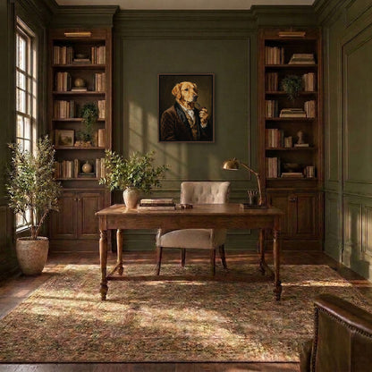 Aristocrat golden retriever portrait hanging in a green-paneled study with bookshelves
