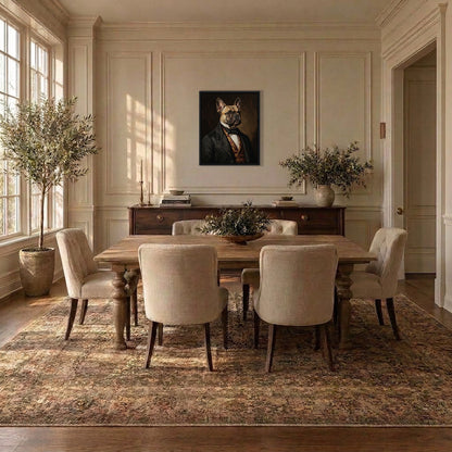 Aristocrat French bulldog portrait hanging above a sideboard in a dining room