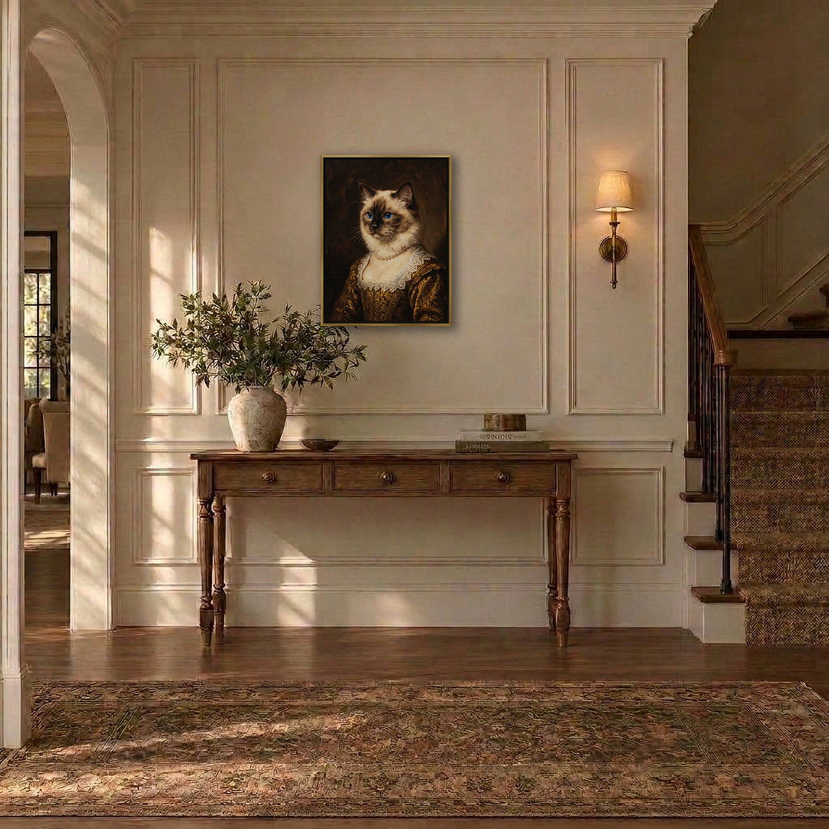 Aristocrat ragdoll cat portrait hanging above a console table in an entryway
