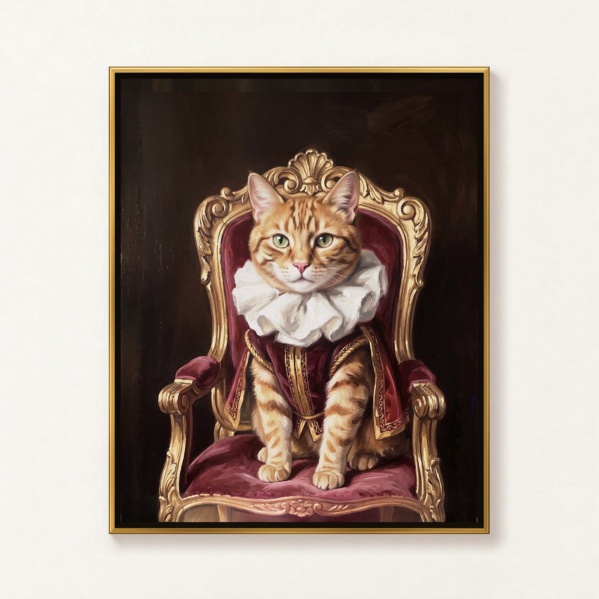 Royal Sitter oil portrait of an orange tabby cat in a ruffled collar on a gilded throne chair, brass frame on a white wall