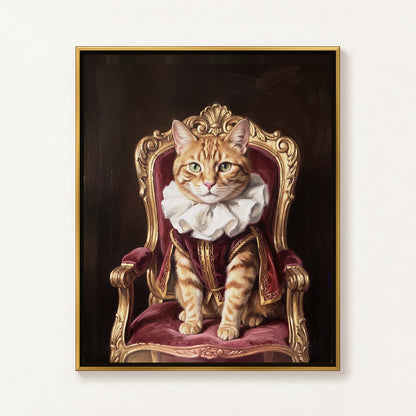 Royal Sitter oil portrait of an orange tabby cat in a ruffled collar on a gilded throne chair, brass frame on a white wall
