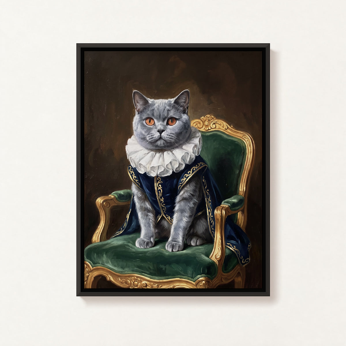 Royal Sitter oil portrait of a British shorthair cat in a ruff and navy coat on a green velvet chair, matte black frame on a white wall