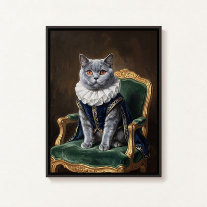 Royal Sitter oil portrait of a British shorthair cat in a ruff and navy coat on a green velvet chair, matte black frame on a white wall