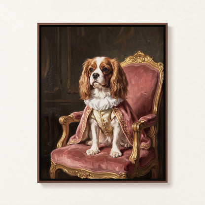 Royal Sitter oil portrait of a Cavalier King Charles spaniel in a lace collar on a pink gilded chair, walnut frame on a white wall