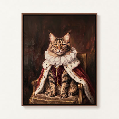 Royal Sitter oil portrait of a tabby cat in an ermine-trimmed red royal cape, walnut frame on a white wall
