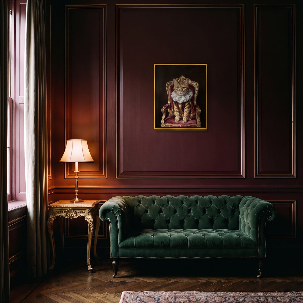 Royal Sitter tabby cat portrait hanging above a green velvet sofa in a burgundy-paneled salon