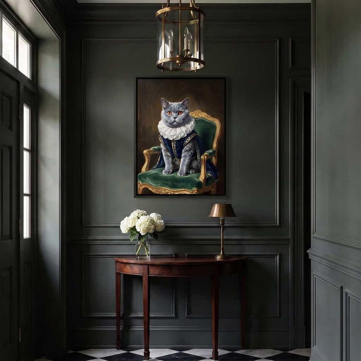 Royal Sitter British shorthair portrait hanging above a console table in a dark green hallway