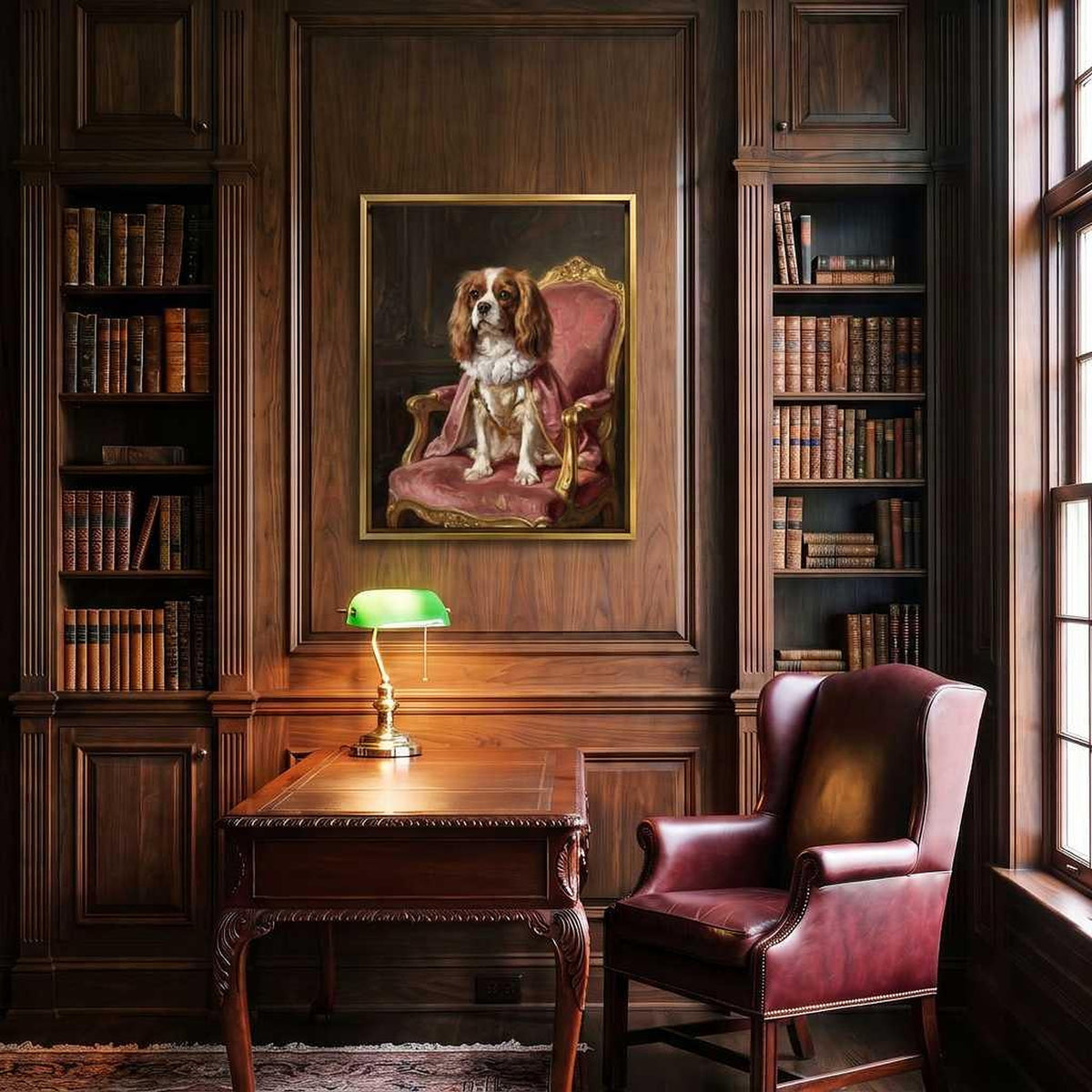 Royal Sitter Cavalier spaniel portrait hanging between bookshelves in a walnut-paneled study
