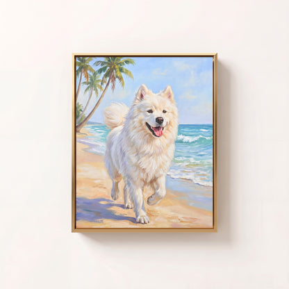 Beach Day oil portrait of a Samoyed running on a sunny beach with palm trees, brass frame on a white wall