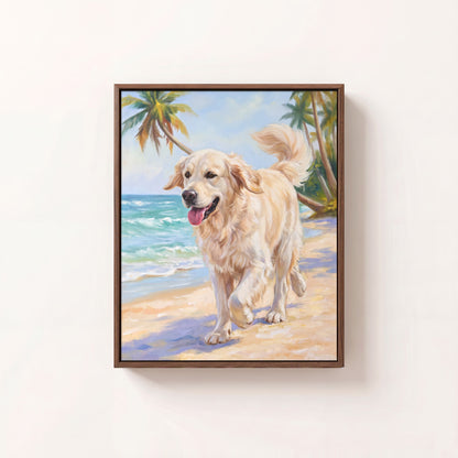 Beach Day oil portrait of a golden retriever trotting along the shore, walnut frame on a white wall