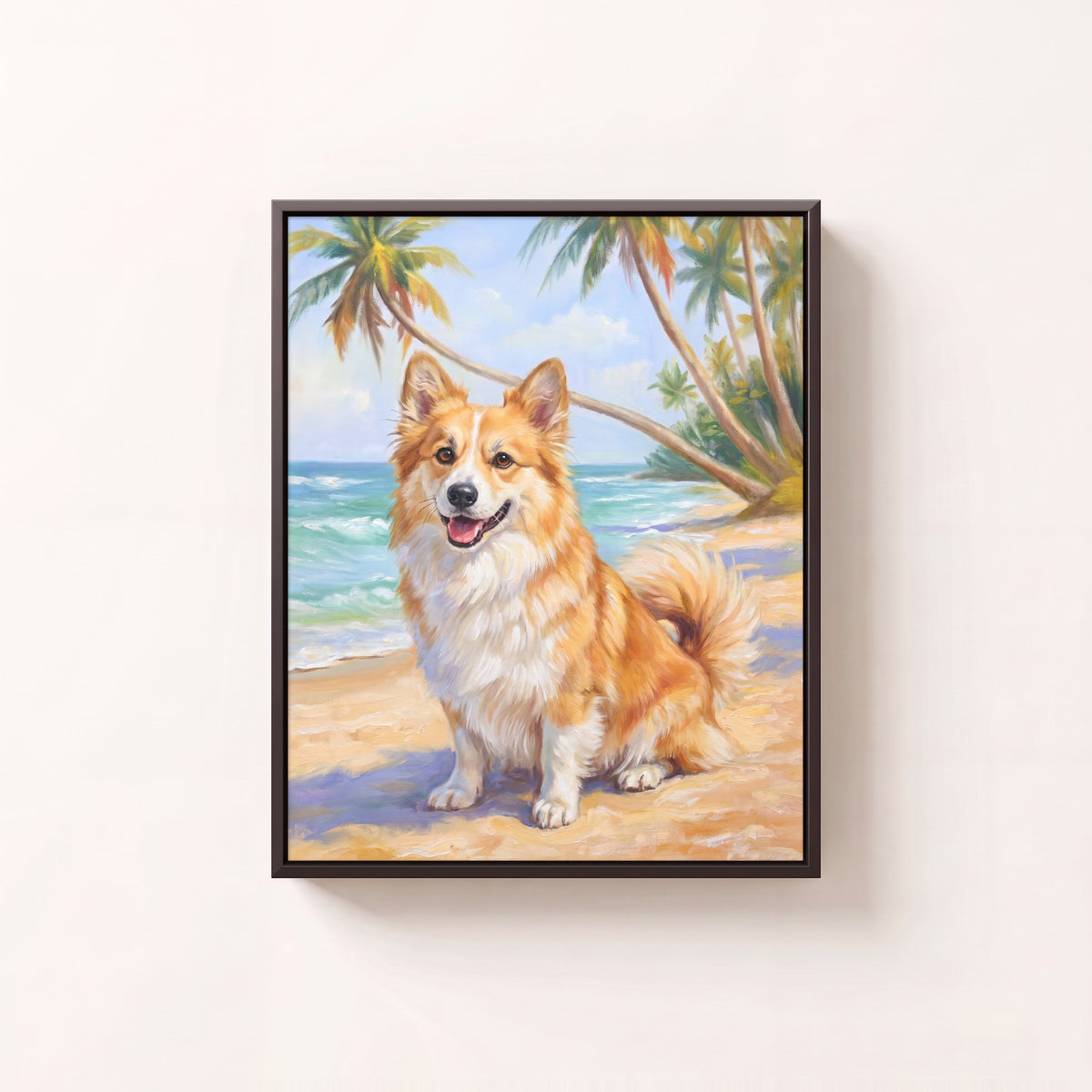 Beach Day oil portrait of a corgi on the sand with turquoise waves and palms, black frame on a white wall