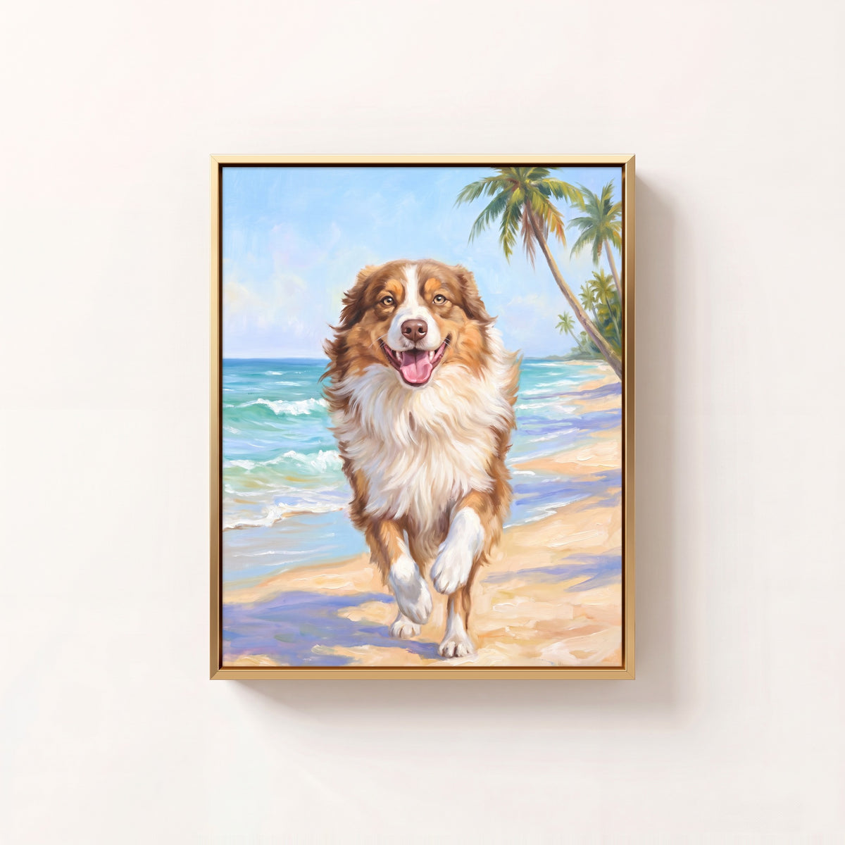 Beach Day oil portrait of an Australian shepherd running on the beach, brass frame on a white wall