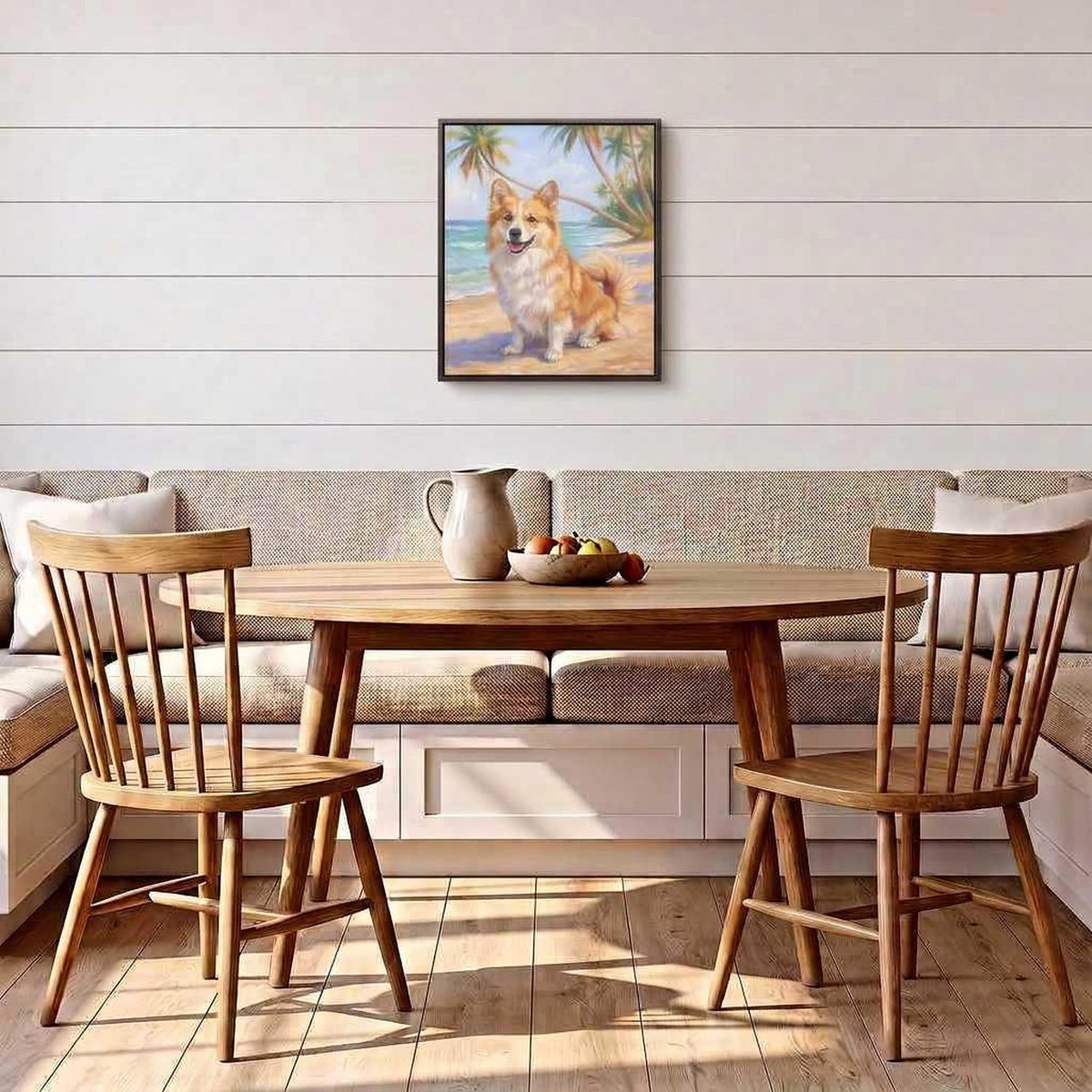 Beach Day corgi portrait hanging on a white shiplap wall above a breakfast nook