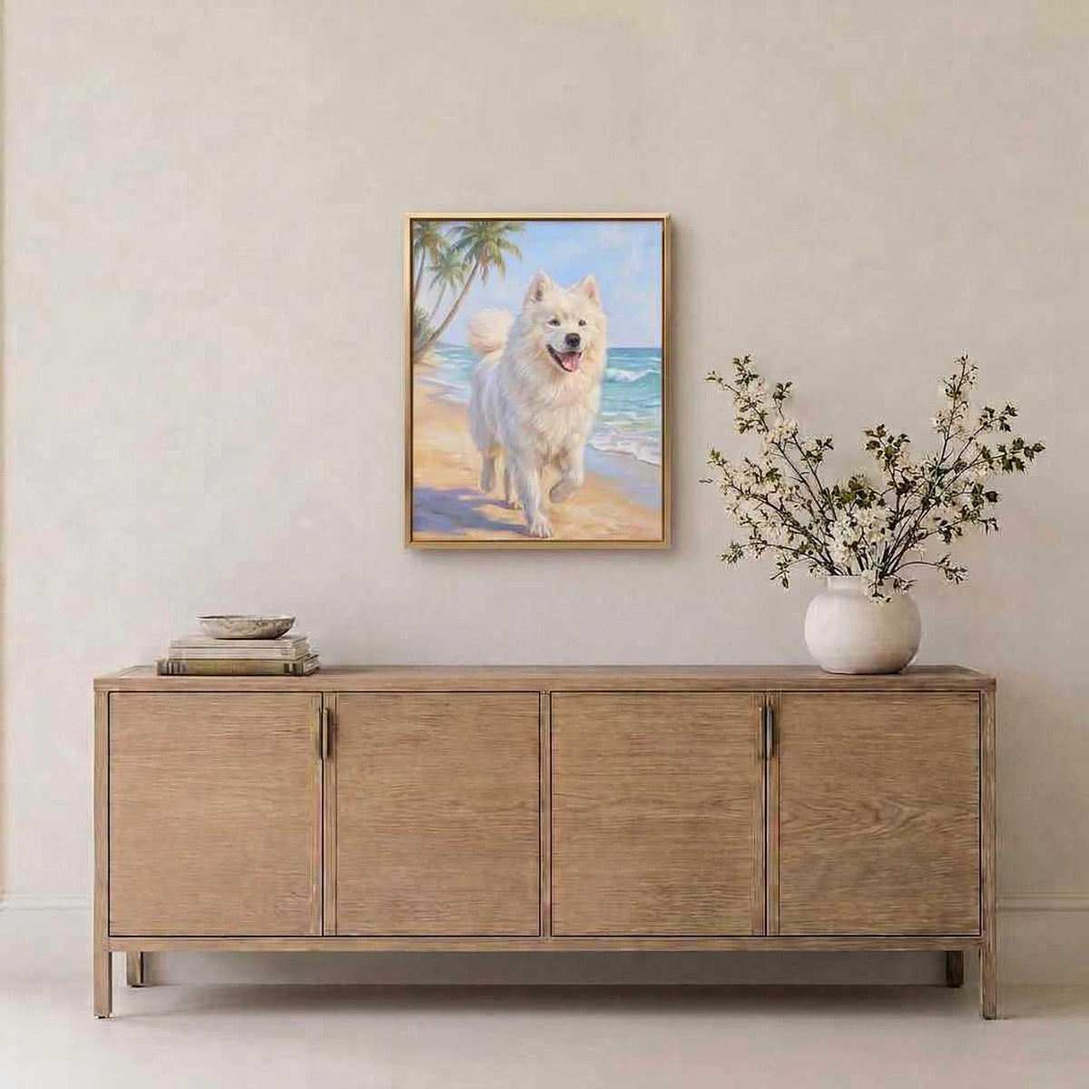 Beach Day Samoyed portrait hanging above a light oak sideboard