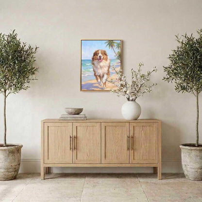Beach Day Australian shepherd portrait hanging above a sideboard between potted olive trees