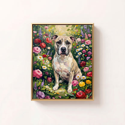 Meadow Bloom oil portrait of a pit bull mix sitting among roses and wildflowers, wood frame on a white wall