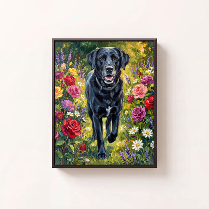 Meadow Bloom oil portrait of a black Labrador walking through a flower meadow, black frame on a white wall