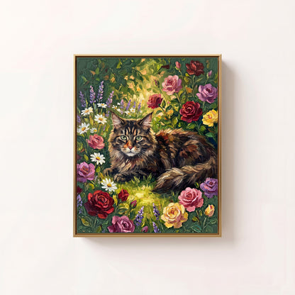 Meadow Bloom oil portrait of a Maine Coon cat lying among roses, brass frame on a white wall