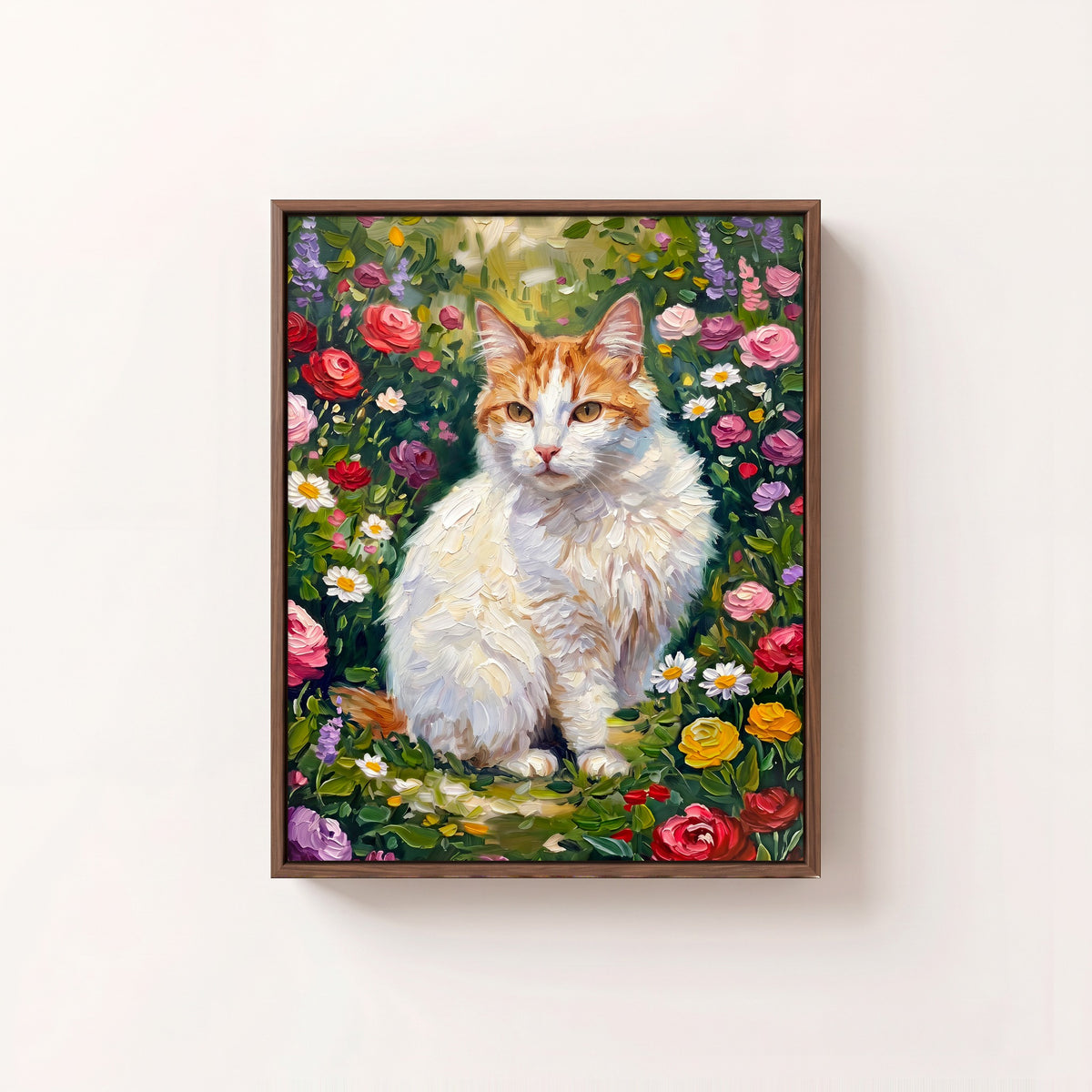 Meadow Bloom oil portrait of a white and orange cat among garden flowers, walnut frame on a white wall