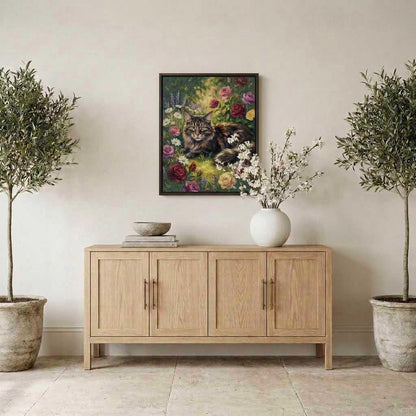 Meadow Bloom Maine Coon portrait hanging above a sideboard between potted olive trees