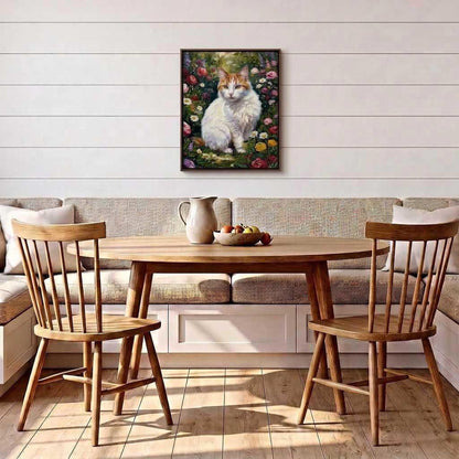 Meadow Bloom cat portrait hanging on a white shiplap wall above a breakfast nook