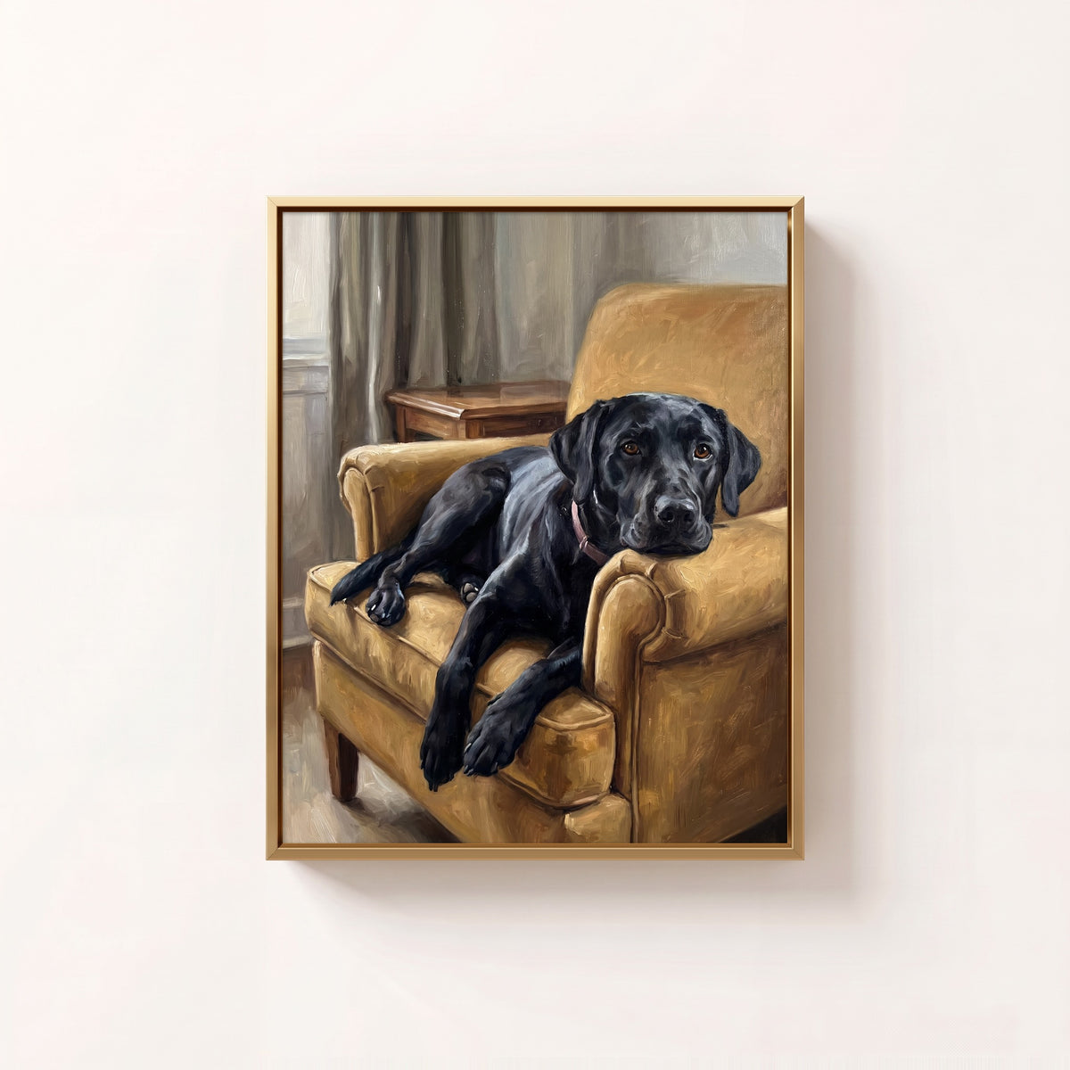 Cozy at Home oil portrait of a black Labrador resting on a mustard armchair, brass frame on a white wall