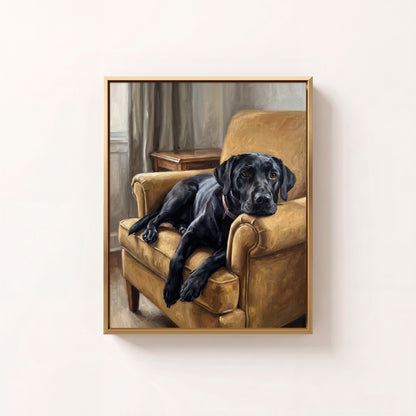 Cozy at Home oil portrait of a black Labrador resting on a mustard armchair, brass frame on a white wall