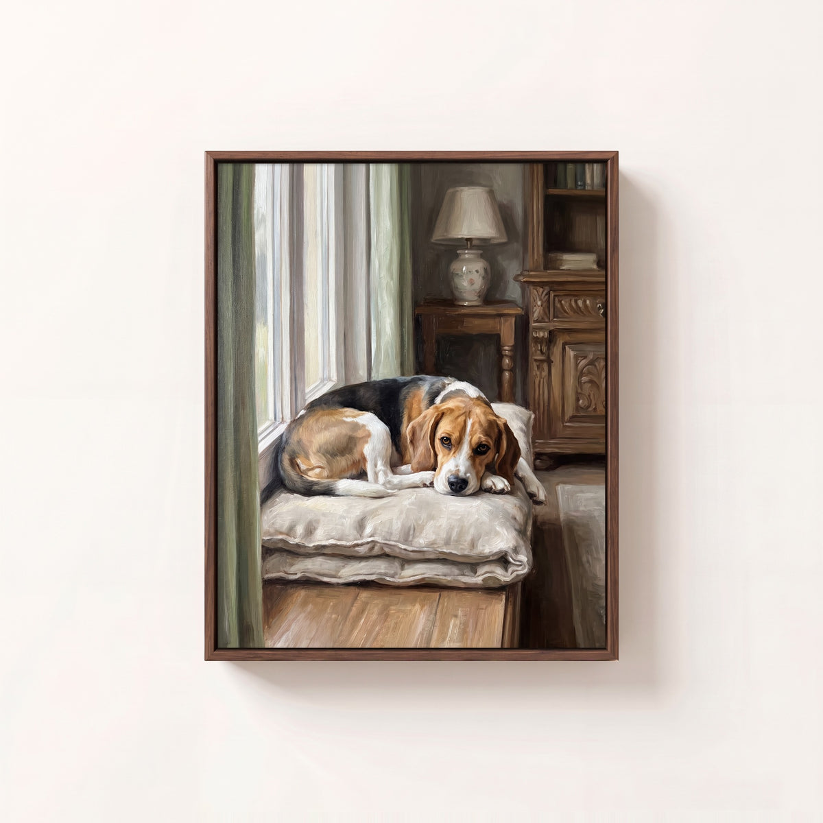 Cozy at Home oil portrait of a beagle napping on a cushion by a sunny window, walnut frame on a white wall