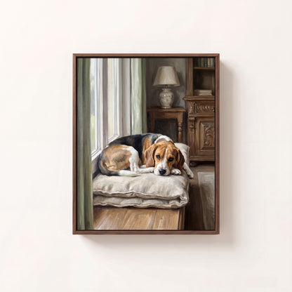 Cozy at Home oil portrait of a beagle napping on a cushion by a sunny window, walnut frame on a white wall