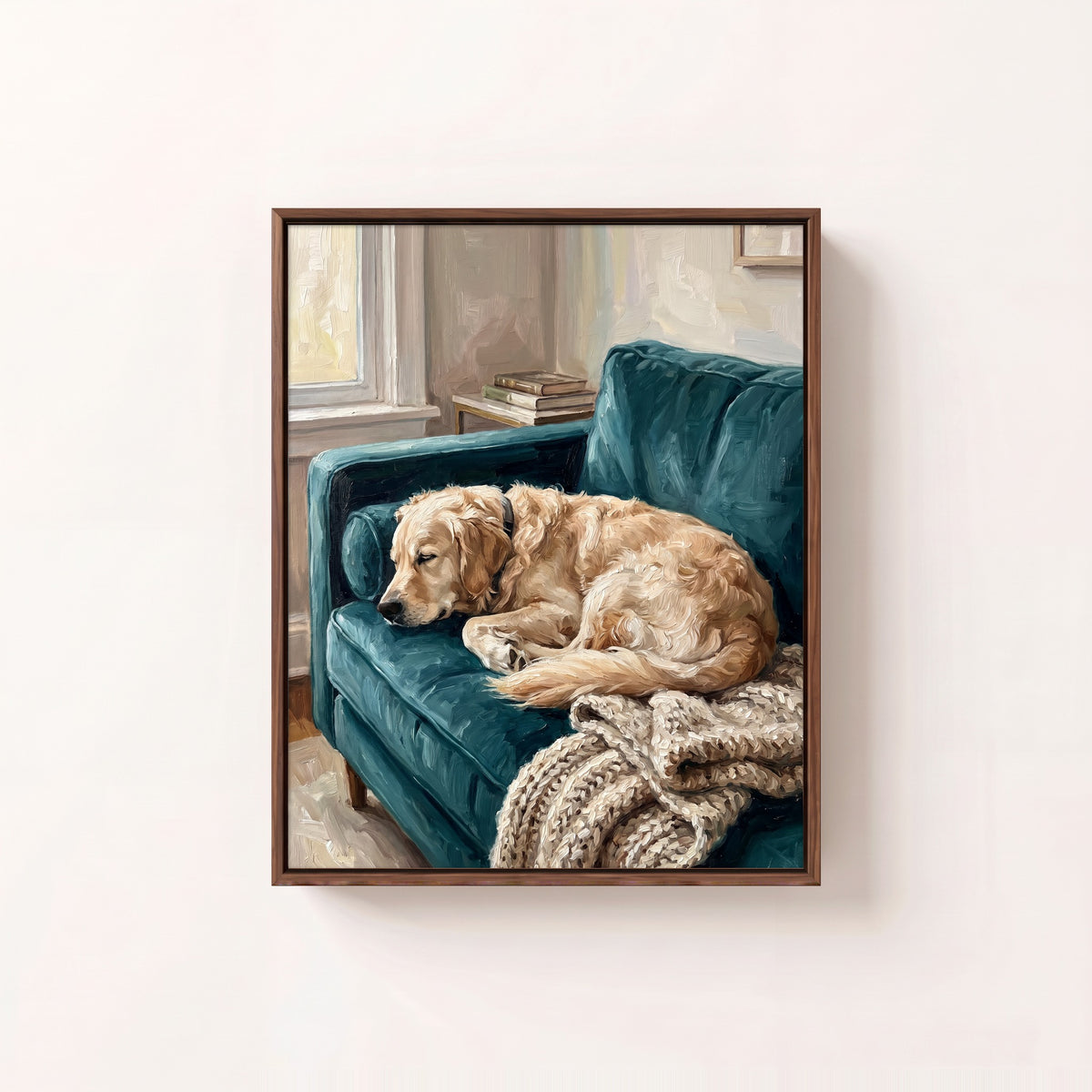 Cozy at Home oil portrait of a golden retriever sleeping on a teal velvet sofa, walnut frame on a white wall