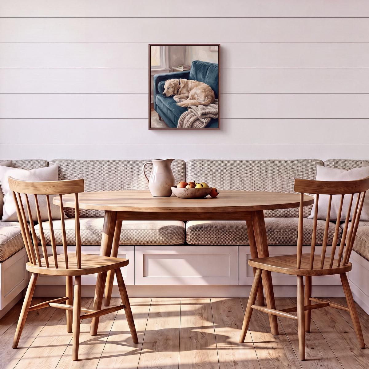 Cozy at Home golden retriever portrait hanging on a white shiplap wall above a breakfast nook