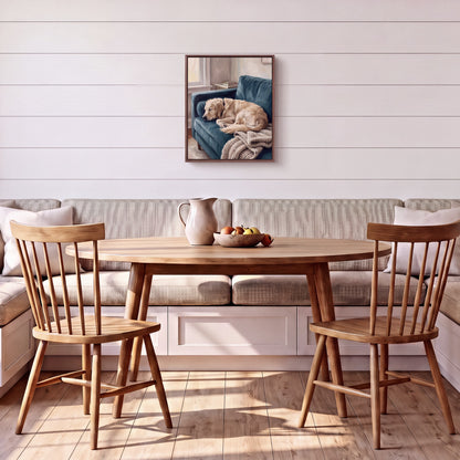 Cozy at Home golden retriever portrait hanging on a white shiplap wall above a breakfast nook