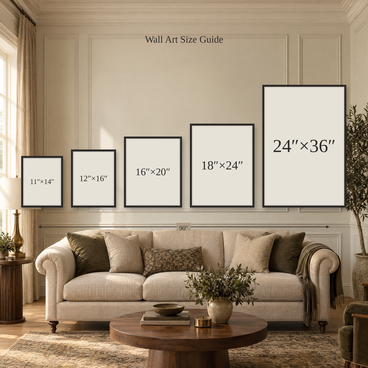 Wall art size guide comparing 11×14, 12×16, 16×20, 18×24 and 24×36 portraits on a wall