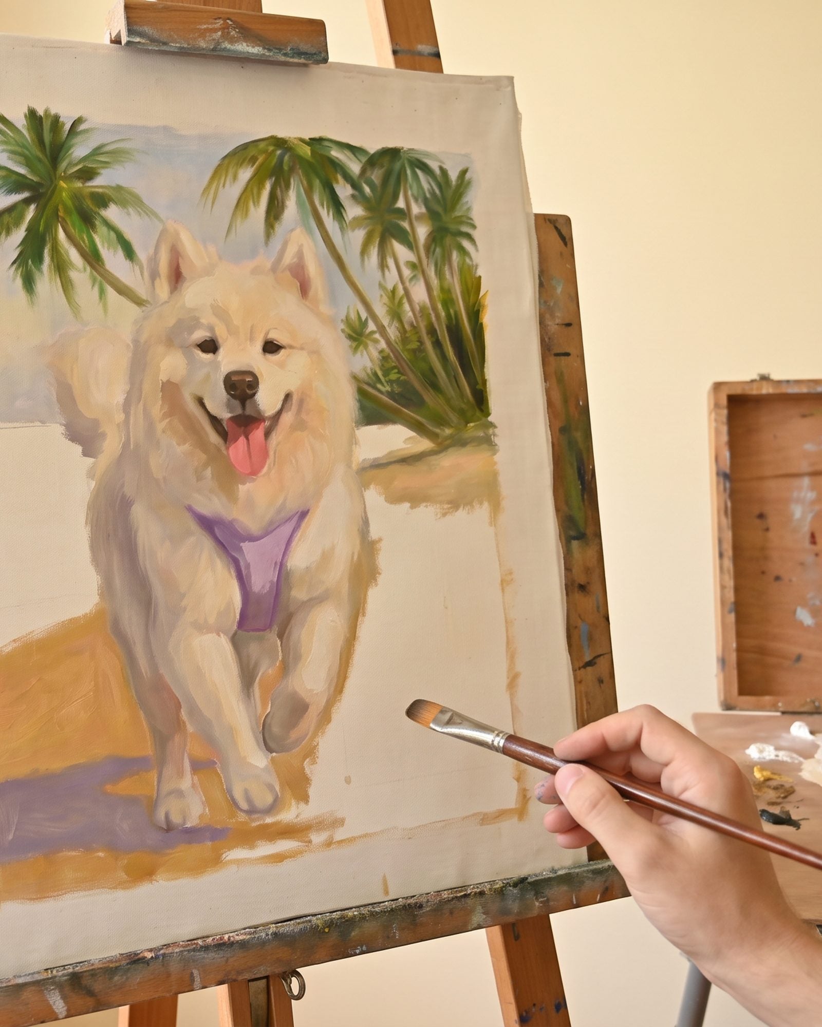 A hand holding a paintbrush beside an oil painting of a white dog on a wooden easel.